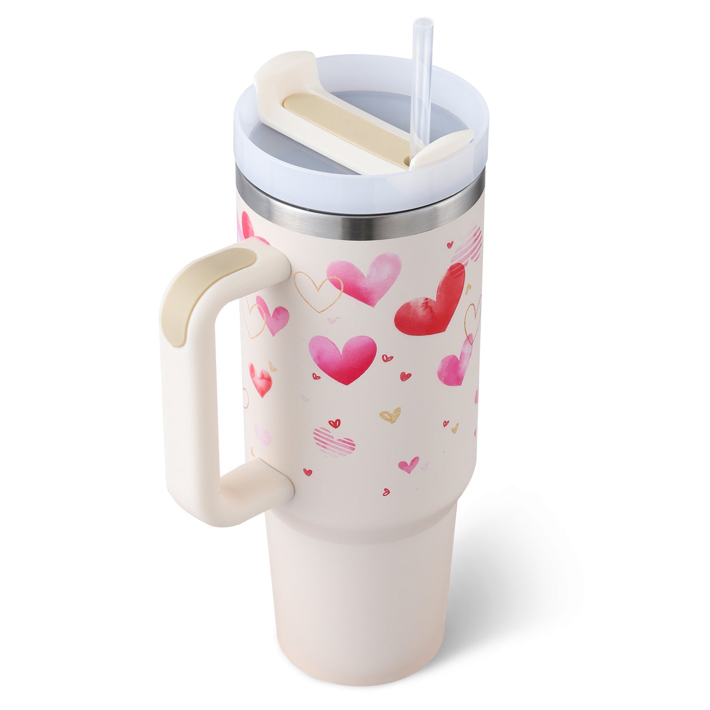 40 Oz Tumbler met handvat, rietje, geïsoleerd, roestvrij staal, morsbestendig, vacuüm koffiebeker Tumbler met deksel, taps toelopende mok, cadeaus voor Valentijnsliefhebbers, geschikt voor in de auto, sportschool, kantoor, reizen