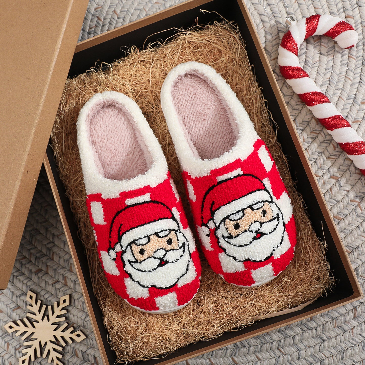 Neu Weihnachten Plaid Santa Claus Hausschuhe Winter Innen Nicht-slip Boden Schlafzimmer Fuzzy Haus Schuhe Für Frauen