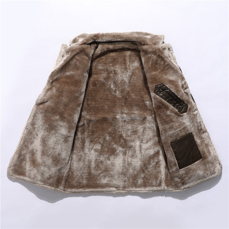 Pluche revers leren jas winter warme fleece enkelrijs jas voor heren lange kleding