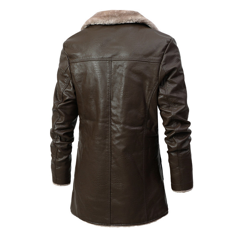 Pluche revers leren jas winter warme fleece enkelrijs jas voor heren lange kleding