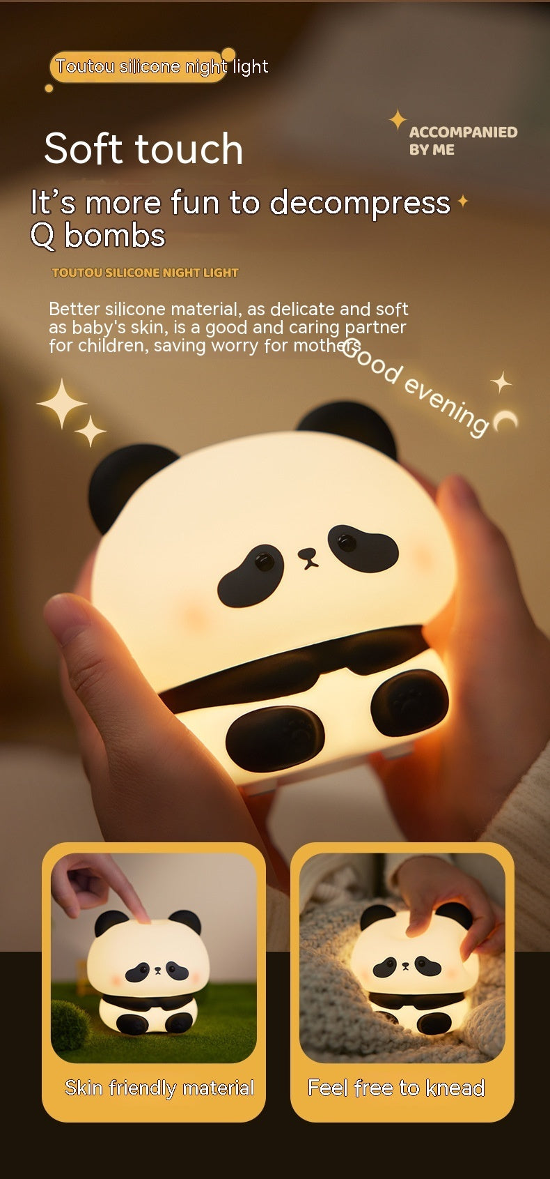 Panda LED Night Light Cute Silicone Night Light USB Rechargeable Touch Night Lamp Bedroom Timing Lamp Decoration Children's Gift Home Decor