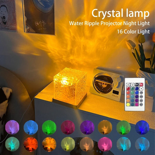 LED Water Ripple Ambient Nachtlampje USB Roterende Projectie Kristallen Tafellamp RGB Dimbaar Huisdecoratie 16 Kleuren Geschenken