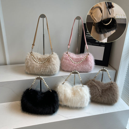 Herbst und Winter Mode Schultertaschen Perle Kette Umhängetasche Vielseitig Pendler Achselhöhle Plüsch weibliche Tasche