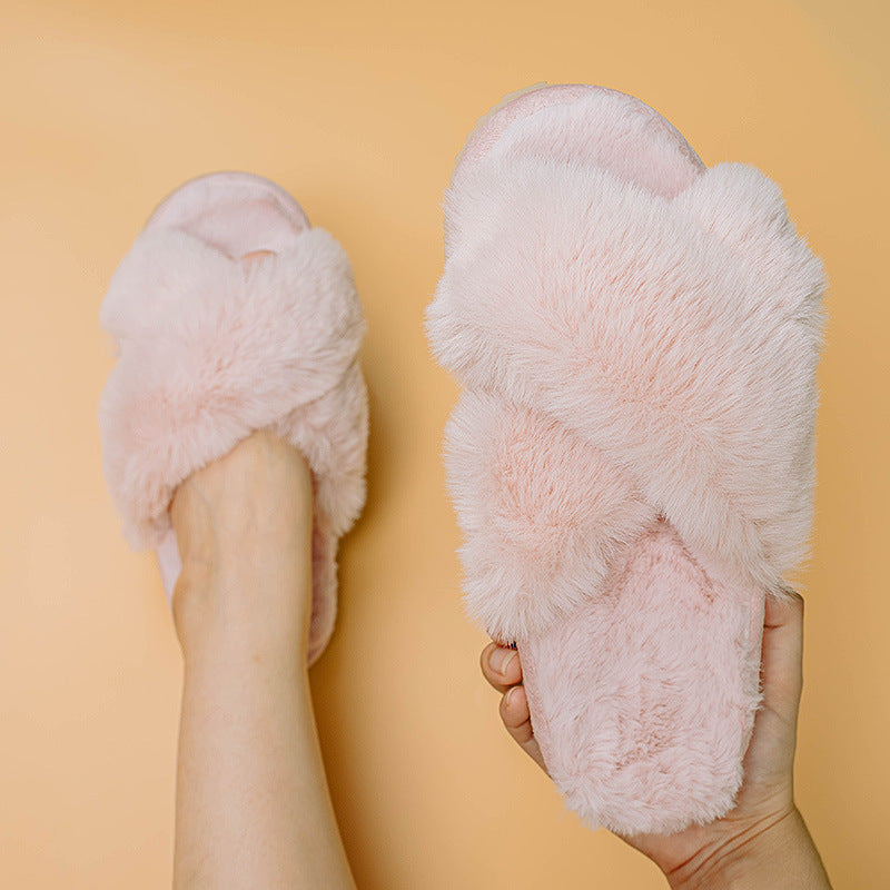 Vrouwen Mode Warme Fluffy Pantoffels Gezellige Kunstbont Cross Indoor Vloer Slides Platte Zachte Harige Dames Vrouwelijke Beroemdheden Flip Flops