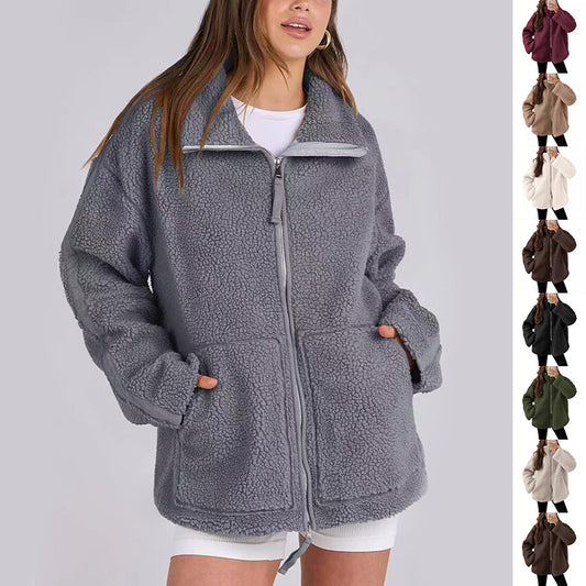 Wintermantel mit Revers und Reißverschluss und Taschen, lässige, modische, einfarbige Fleecejacke für Herbst und Frühling, langärmelig, Damenbekleidung